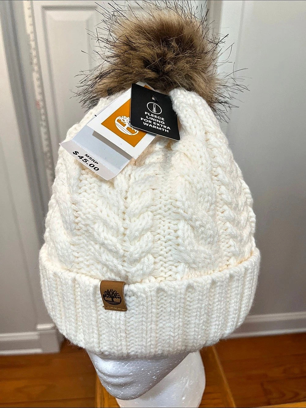 Timberland Fleece Lined Cable Knit Pom Beanie White